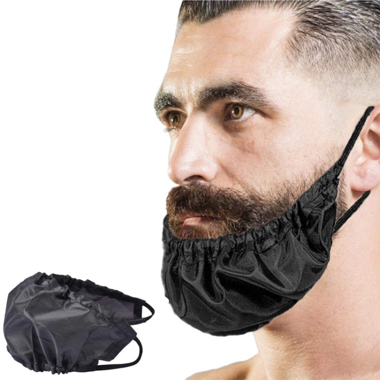 Black beard cover pouch with elastic ruffled opening for covering the beard and chin
