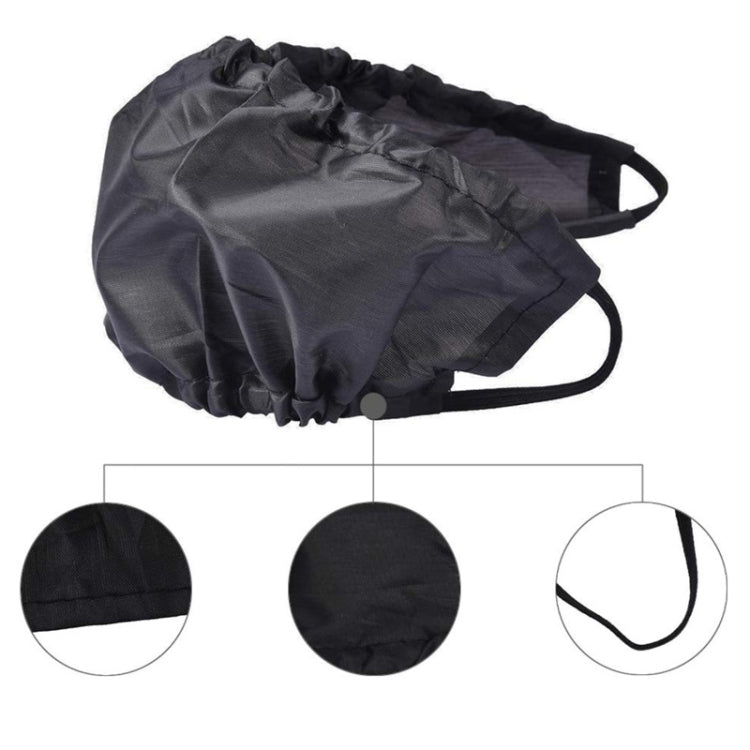 Black beard cover pouch with drawstring straps and textured fabric, size detail shown