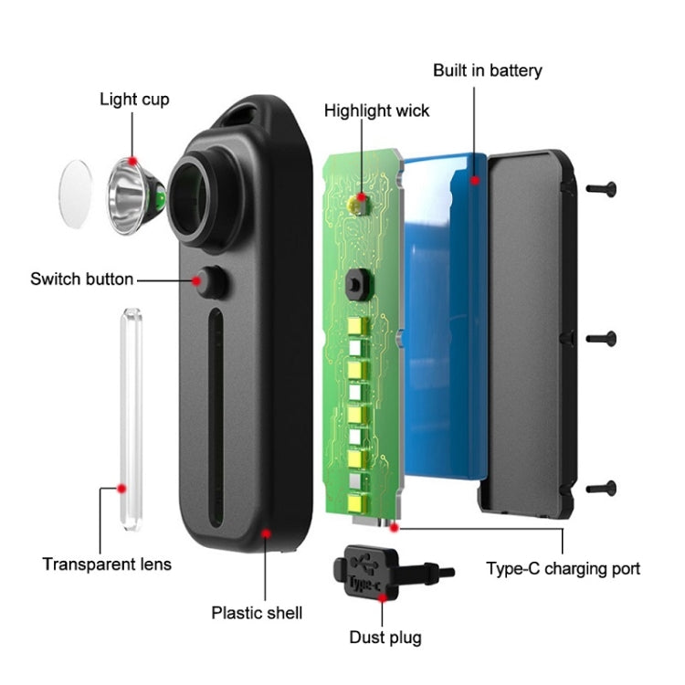 Black tail light with transparent lens, switch button, and Type-C charging port
