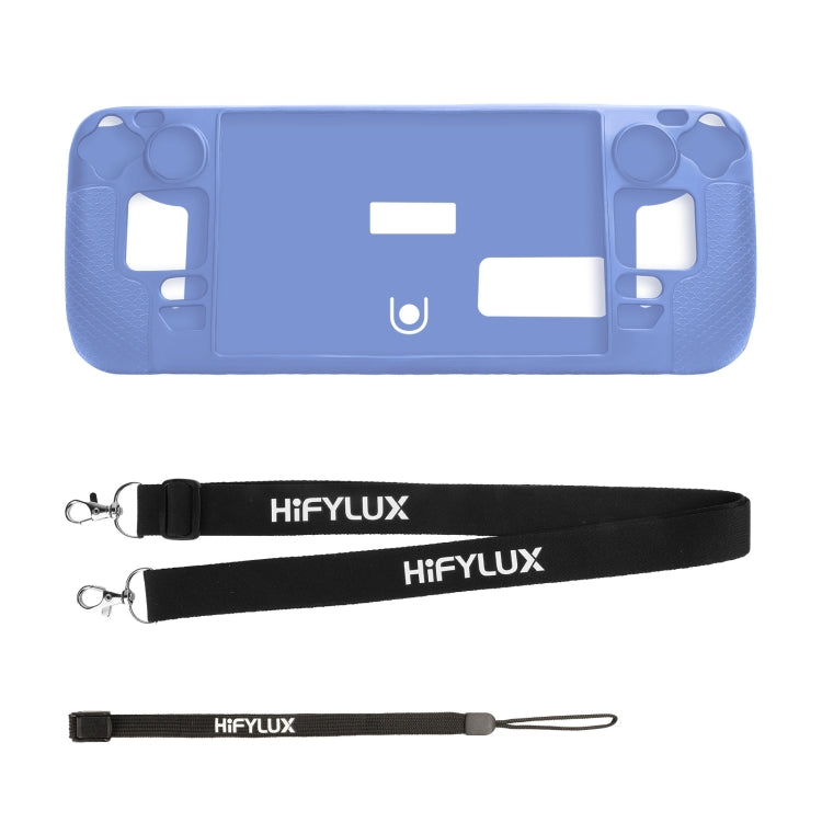 Blue silicone case for Steam Deck with cutouts and black lanyard strap