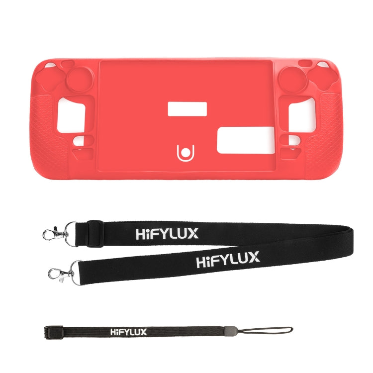 Red silicone case for Steam Deck with cutouts and black lanyard strap