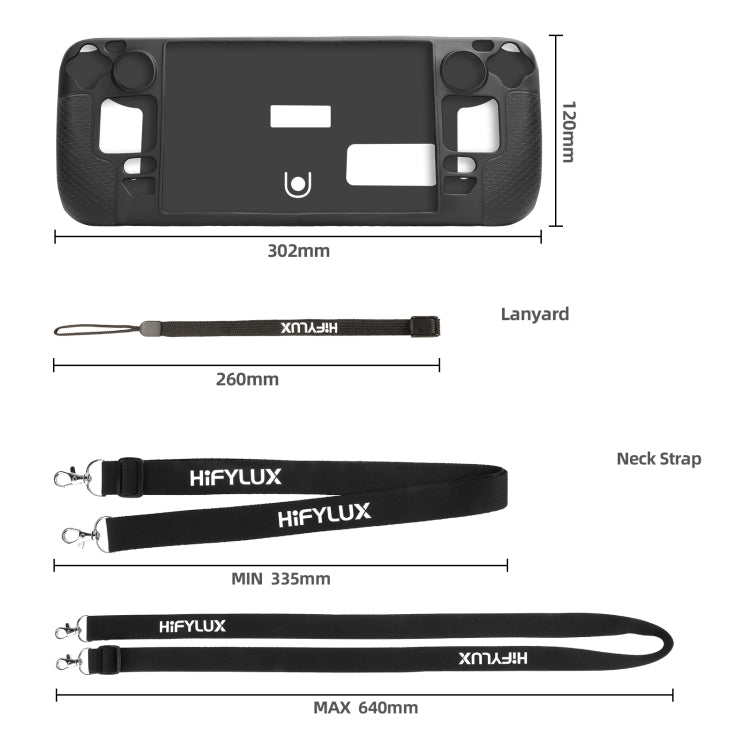 Black silicone case for Steam Deck with included lanyard and strap size view