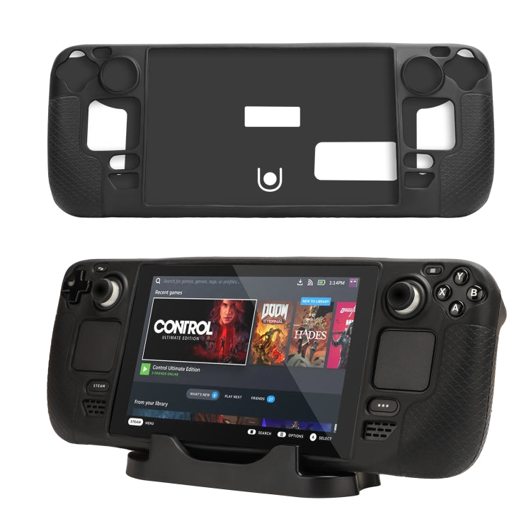 Black silicone case for Steam Deck showing front cutouts and power button