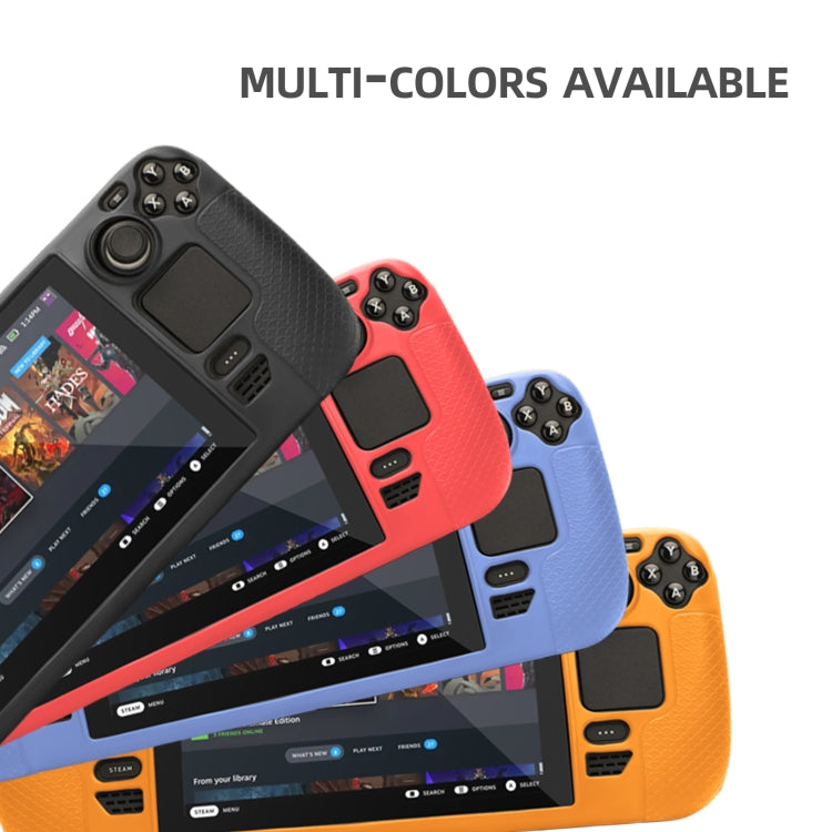Multi-color silicone cases for Steam Deck in blue, red, orange, and black