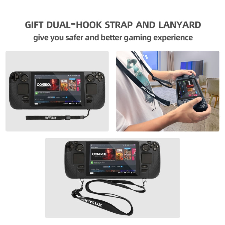 Black silicone handheld console case with dual-hook strap and lanyard