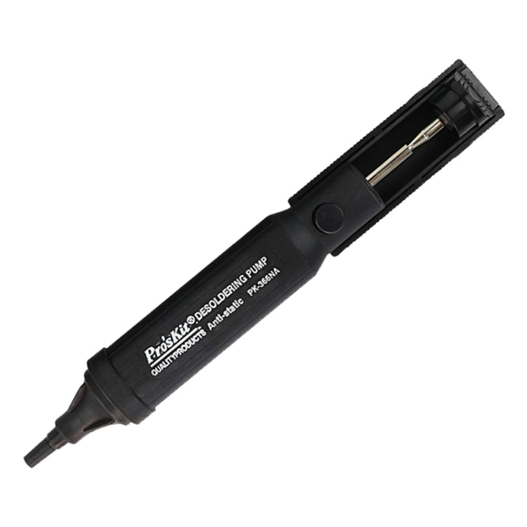 Anti-static desoldering pump with black housing, recessed button, and metal nozzle
