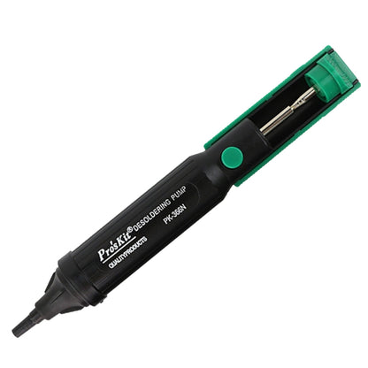 Anti-static desoldering pump with green accent, black body and metal nozzle