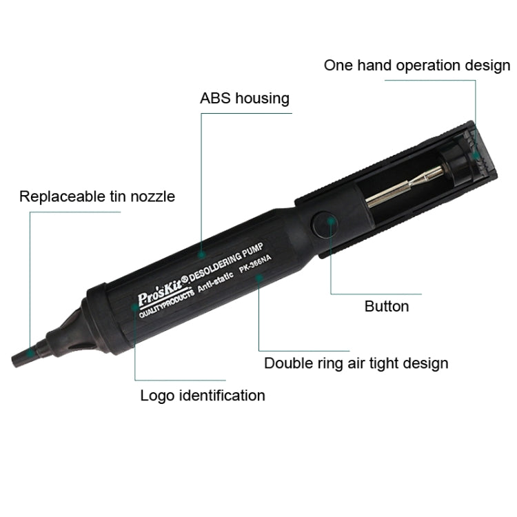 Anti-static desoldering pump with replaceable nozzle and push button on black handle