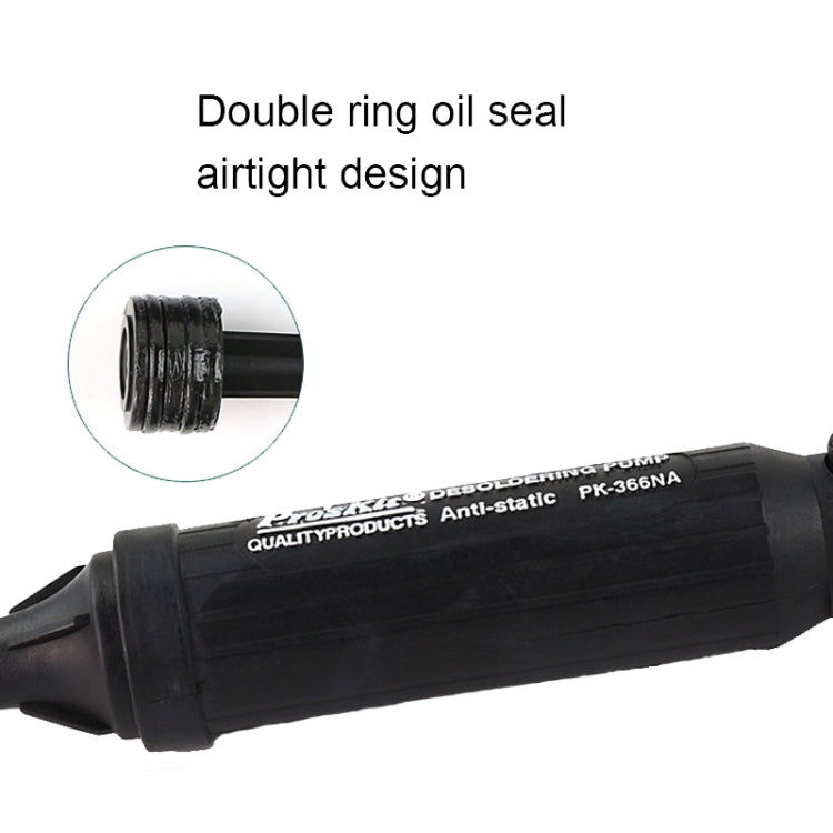 Anti-static desoldering pump close-up, black nozzle with oil-seal ring detail