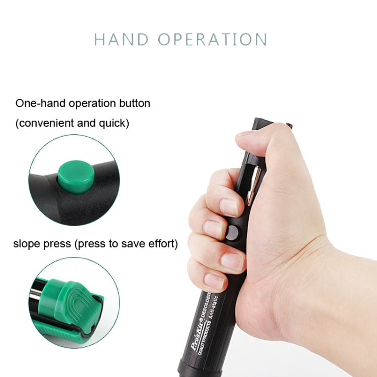 Anti-static desoldering pump used one-handed, black handle with green button