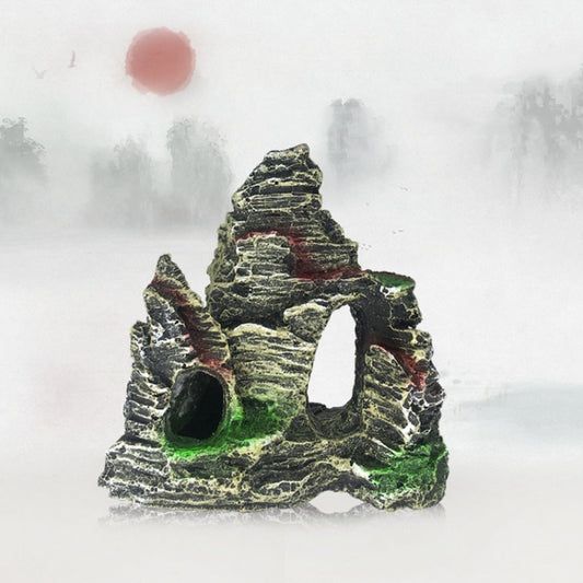Aquarium cave resin ornament with stacked rocks and two dark cave openings