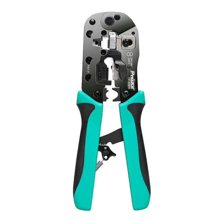 Ratcheting network crimping pliers with teal and black two-tone handles
