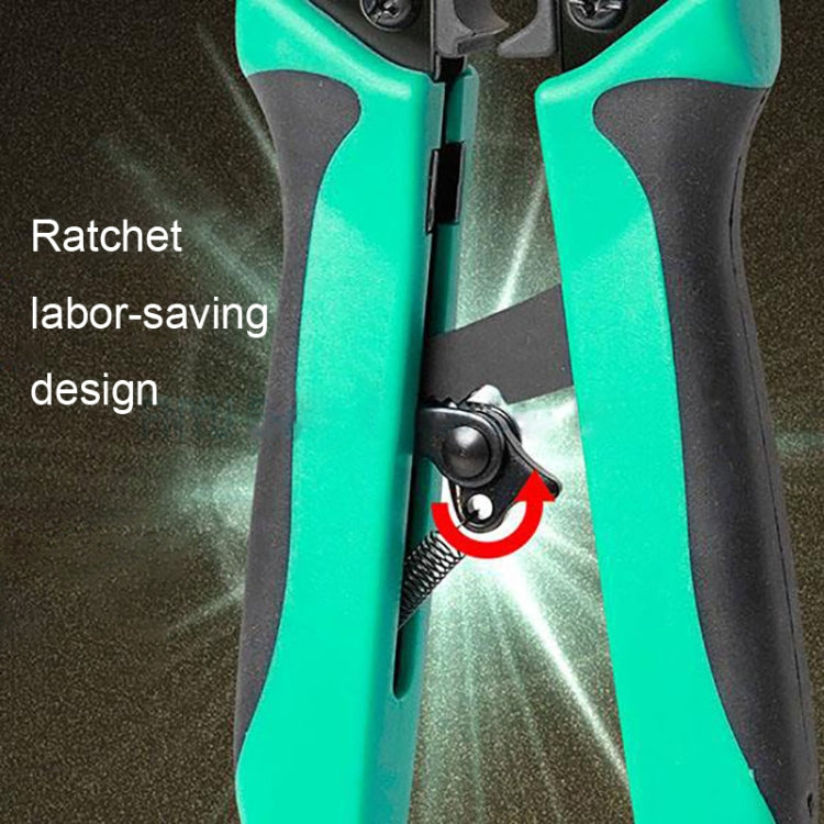 Ratcheting network crimping pliers with lever near pivot on teal handles