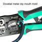 Metal dovetail clip mouth crimping area on teal-and-black Pro'sKit pliers