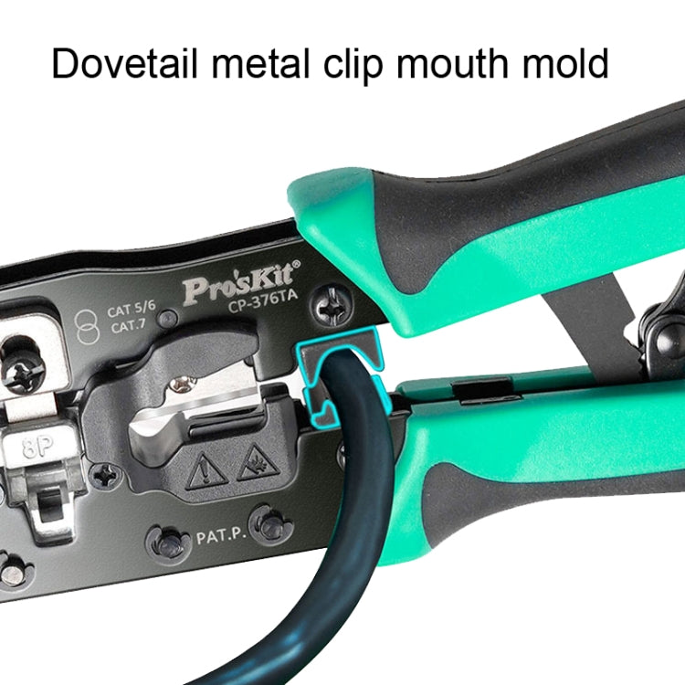 Metal dovetail clip mouth crimping area on teal-and-black Pro'sKit pliers