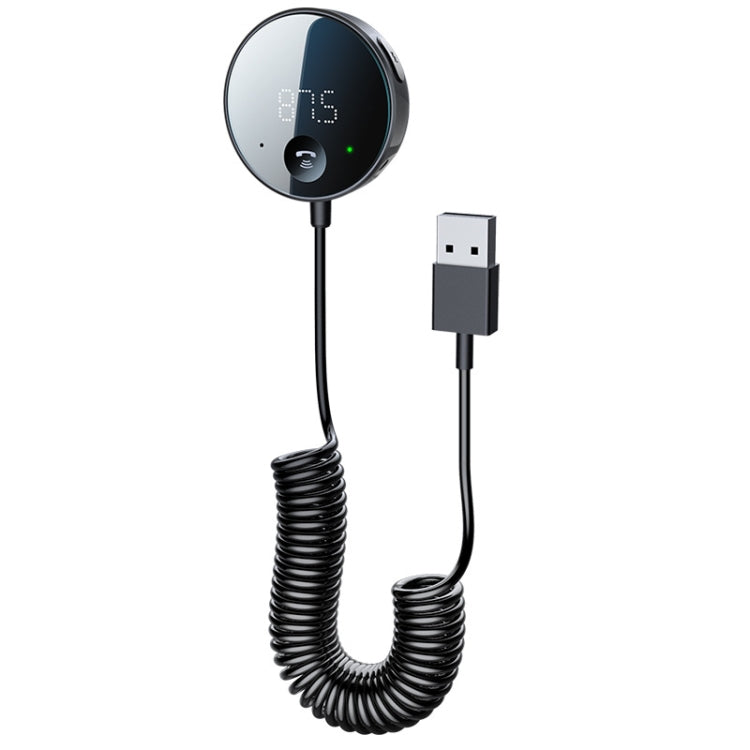 Car Bluetooth receiver with LED display and coiled USB cable