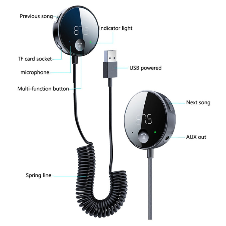 Car Bluetooth receiver with microphone, TF socket, USB power plug, and AUX out