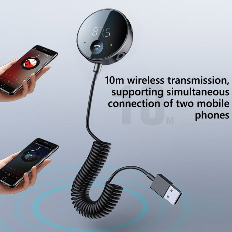 Car Bluetooth receiver with coiled cable and LED display for dual-phone connection