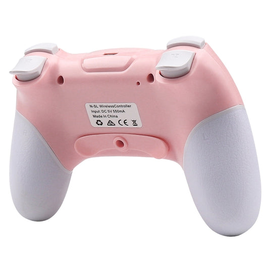 Wireless Nintendo Switch Pro controller, pink back with label and gray handle grips