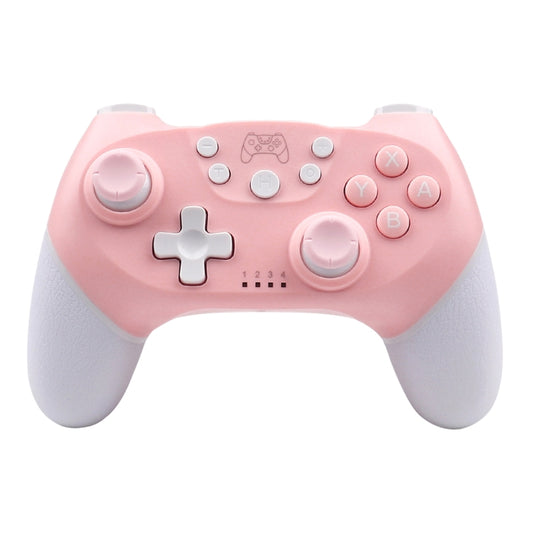 Wireless Nintendo Switch Pro controller, pink front with gray grips and colored buttons
