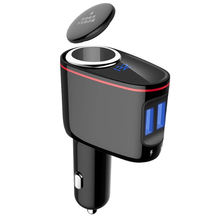 Black car cigarette lighter charger with blue LED ports and red accent stripe.