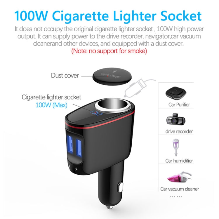Black 100W car cigarette lighter socket with dust cover and blue LED indicator.