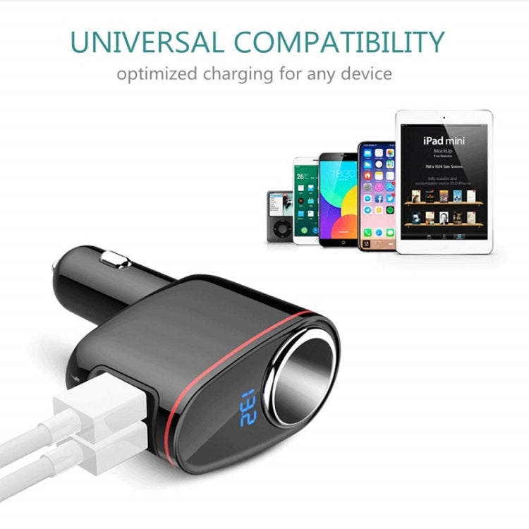 Universal black car charger with USB port and blue LED ring around socket.