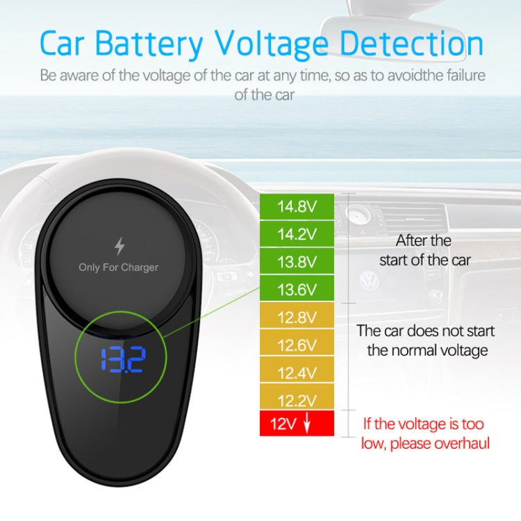 Car charger voltage detection display with 13.2V reading on device panel.