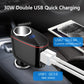 Black car charger showing USB QC 3.0 and USB2.0 connection near blue LED port.