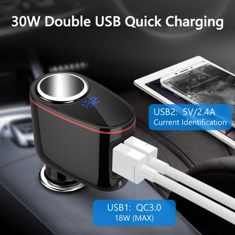 Black car charger showing USB QC 3.0 and USB2.0 connection near blue LED port.