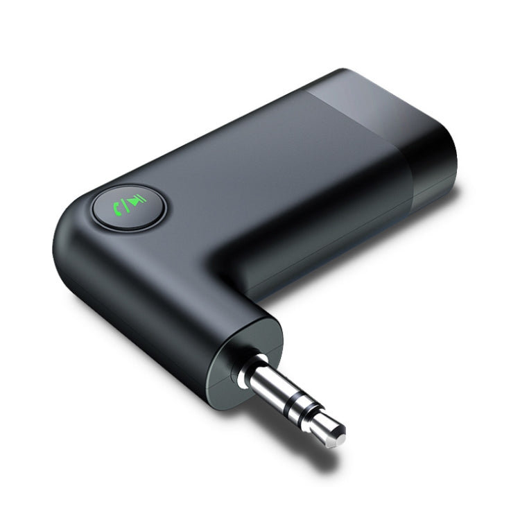 Black Bluetooth AUX audio adapter with 3.5mm plug and LED indicator button