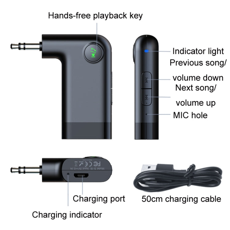 Hands-free Bluetooth AUX adapter showing mic, charging port, and volume controls