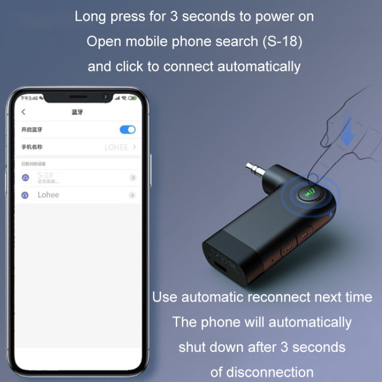 Bluetooth AUX audio adapter with 3.5mm plug and visible pairing status LED