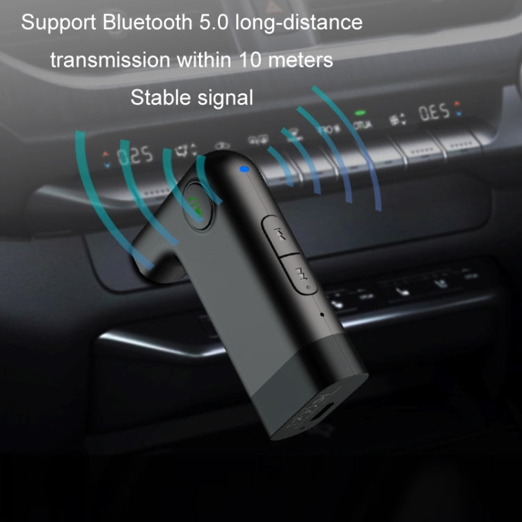 Black Bluetooth AUX audio adapter with green status light and slim body