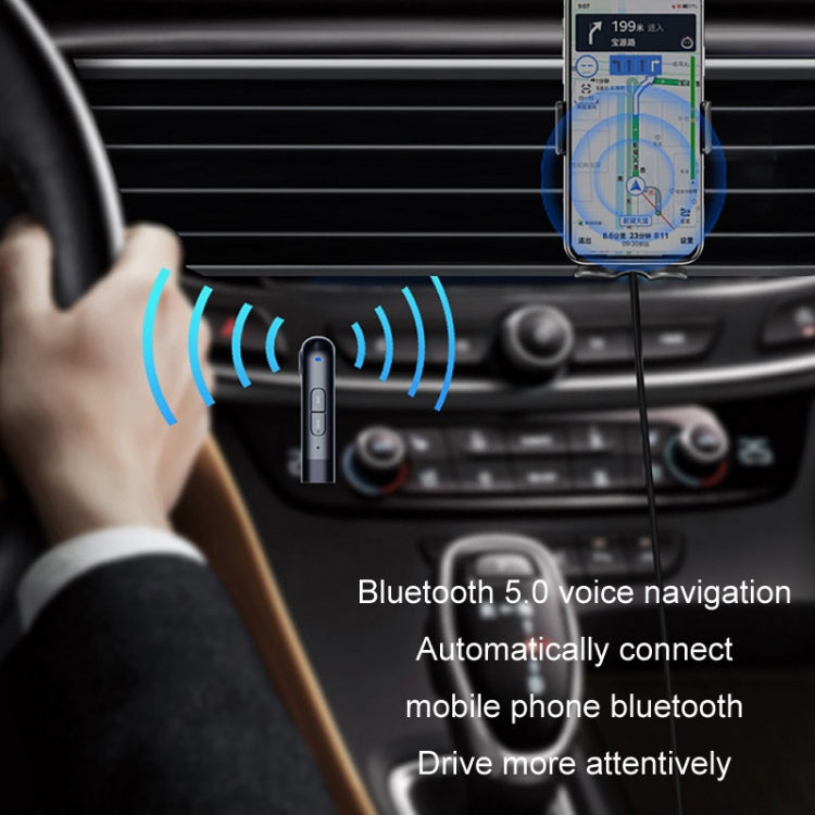 Bluetooth AUX audio adapter placed on dashboard with connected phone audio signal