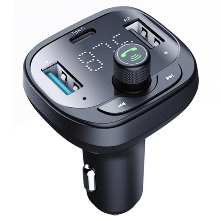 Car Bluetooth audio receiver with rotary control and USB charging ports, black and silver