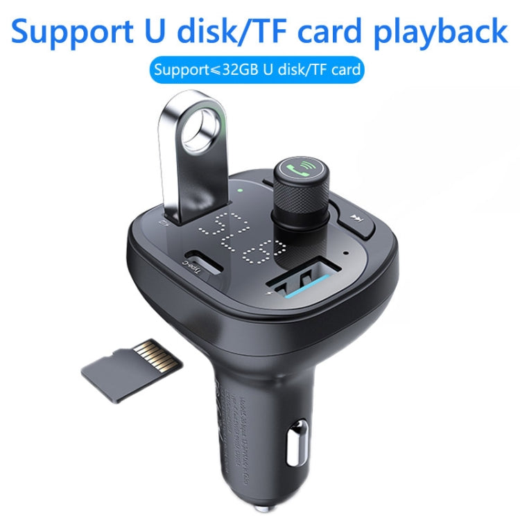 Car Bluetooth receiver with USB slots, Type-C port, and rotary control, black
