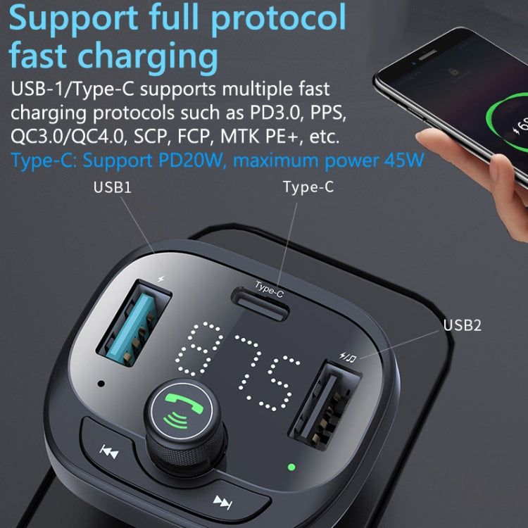 Bluetooth car receiver with USB and Type-C fast-charging ports, black