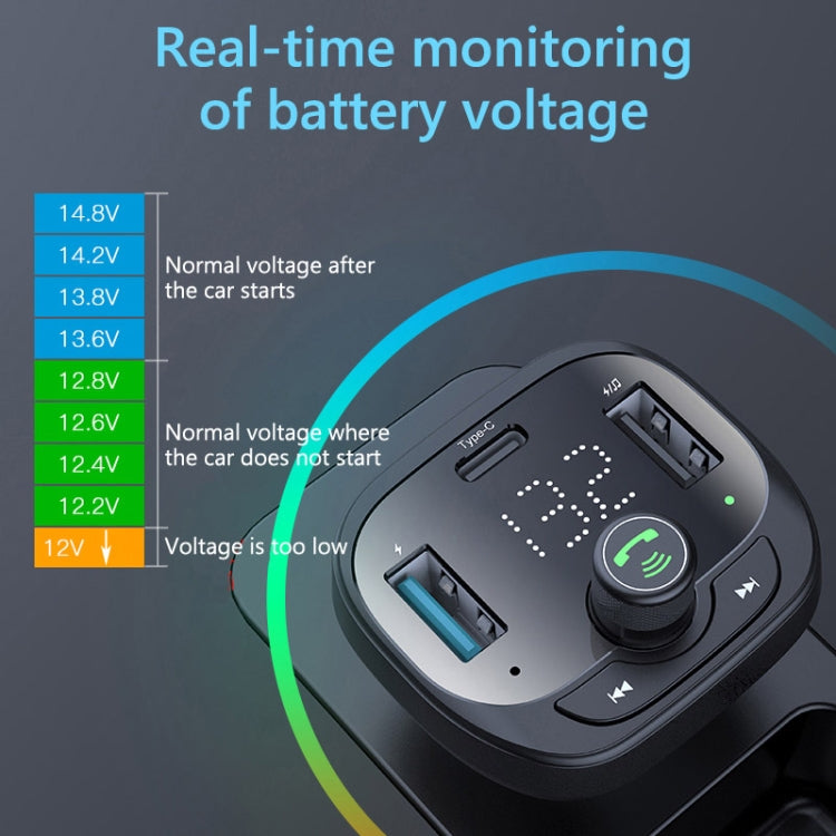 Car Bluetooth receiver showing battery voltage monitoring status indicator