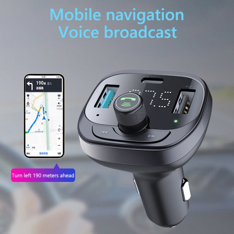 Car Bluetooth receiver with rotary control, audio playback display, and mount clip