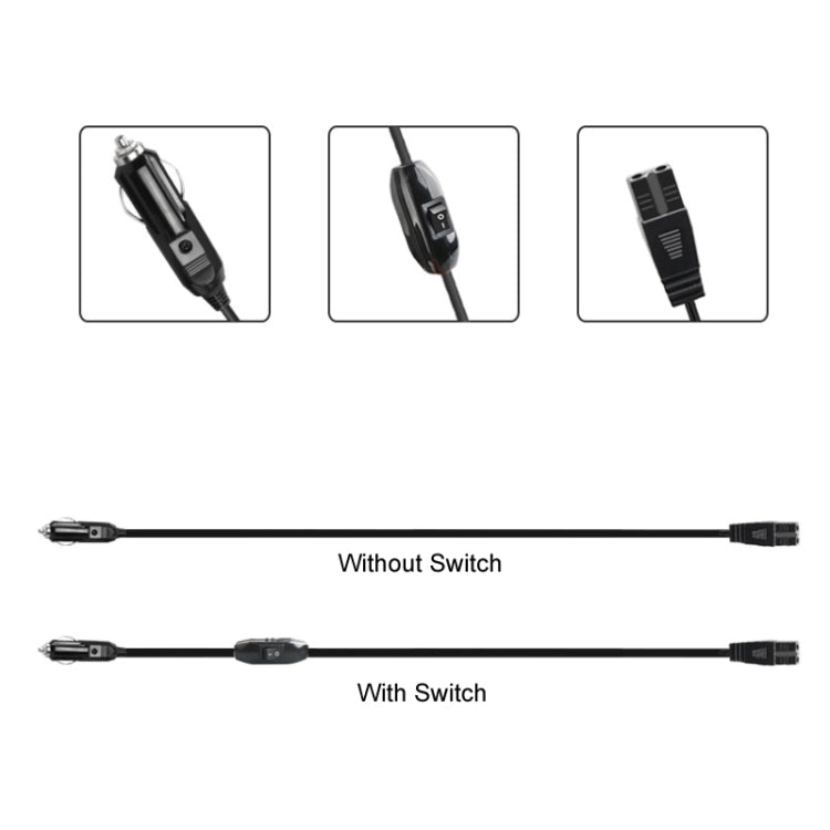 Car refrigerator power cable with cigarette lighter plug, inline switch