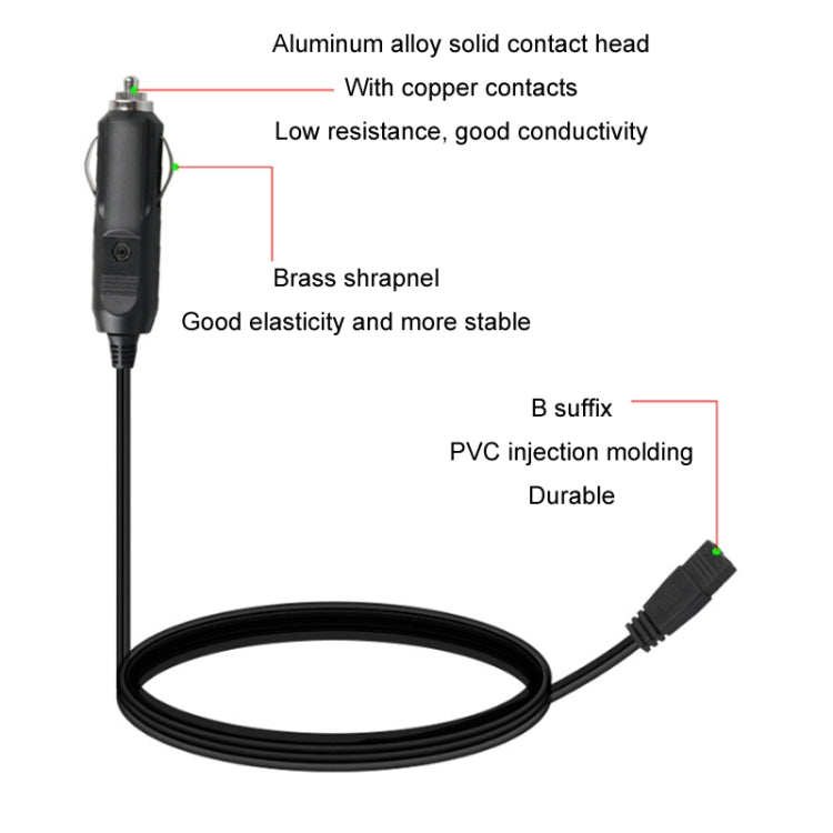 Car refrigerator power cable with B-suffix cigarette lighter plug and contact head