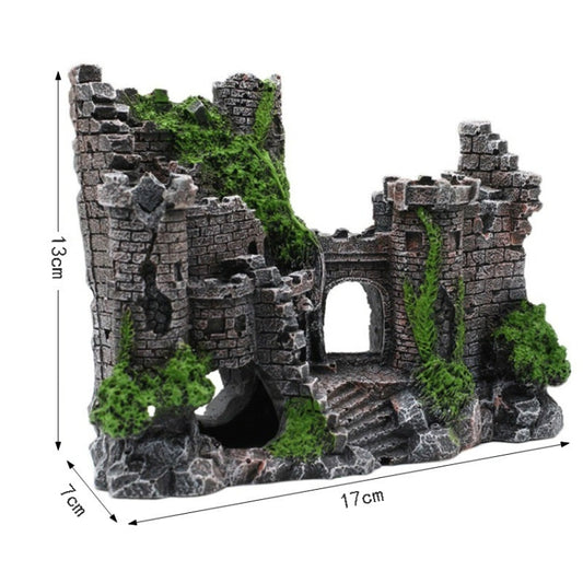 Aquarium ancient castle resin decoration, side view with stairs, arch doorway, green vines