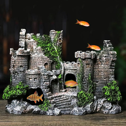Aquarium ancient castle resin decoration with stone walls, archway, and green vines