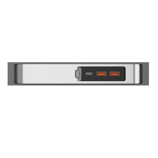 Car USB-C dock hub with two orange USB-A and one USB-C port, metallic gray housing