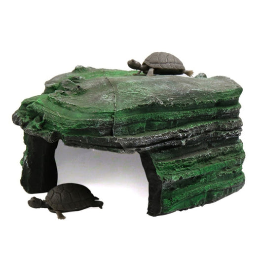 Resin turtle hideaway table with dark green stacked rock and small turtle figure