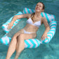 Light blue striped 4-tube inflatable floating hammock, reclining in pool