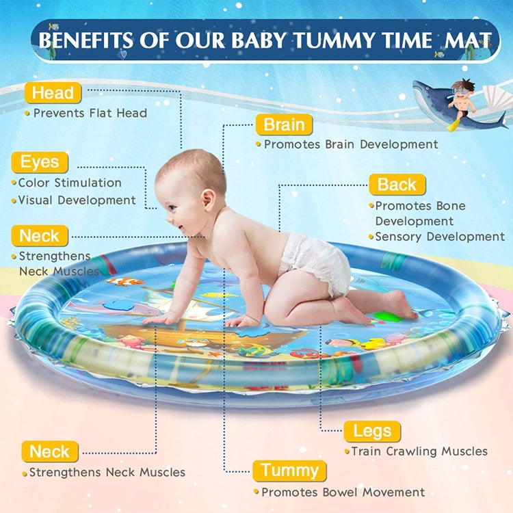 Inflatable shark water play mat with baby kneeling and playing on top