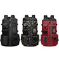 Set of three sport backpacks: black, camouflage, and red with front utility panels
