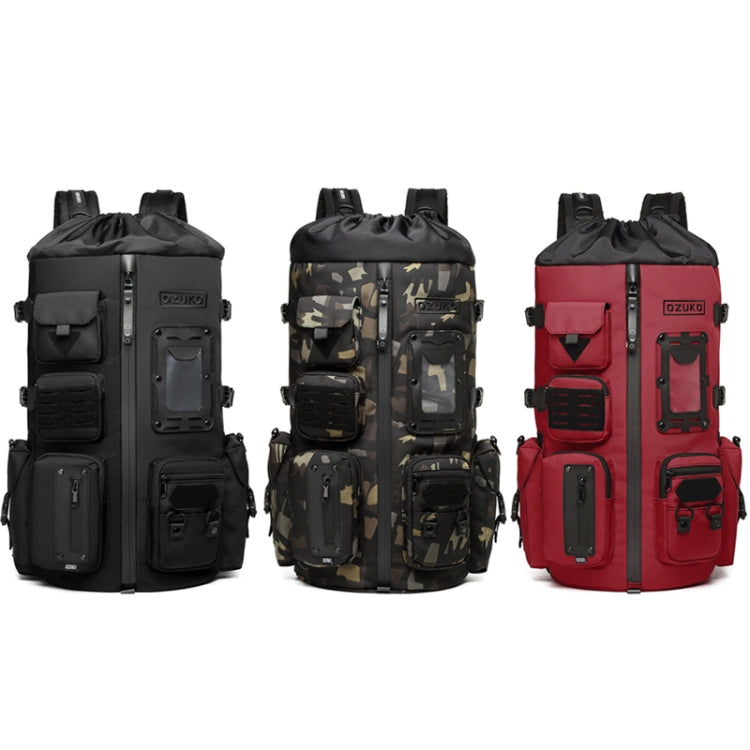 Set of three sport backpacks: black, camouflage, and red with front utility panels